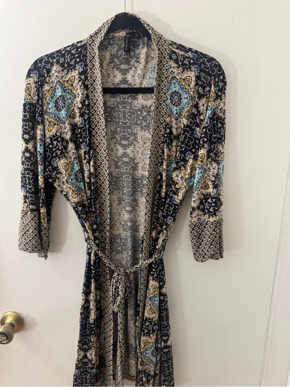 Cynthia Rowley Black, Blue & Cream Patterned Wrap Robe